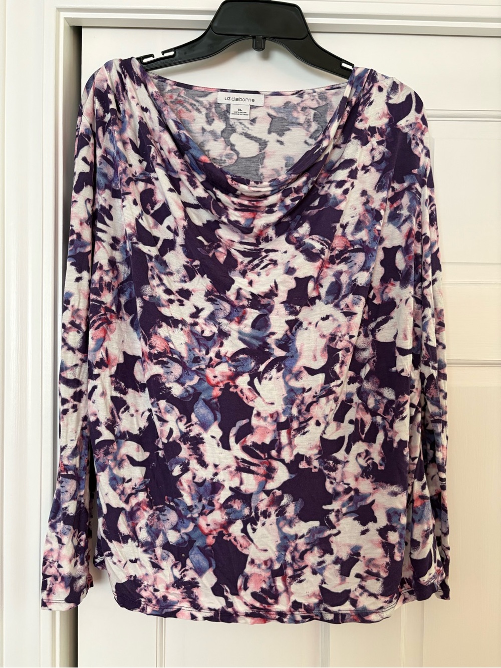 Liz Claiborne Purple & White Floral Cowl-Neck Long Sleeve Top